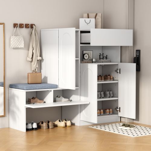 Banc Chaussures 2-en-1 Blanc, Portes Cintrées Soft-close, Étagères Réglables 130×35×110 Cm