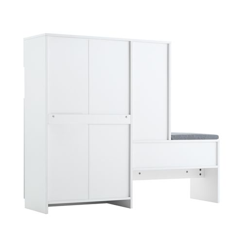 Banc Chaussures 2-en-1 Blanc, Portes Cintrées Soft-close, Étagères Réglables 130×35×110 Cm