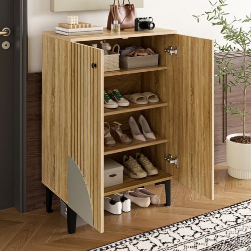 Armoire Chaussures Bois Moderne, Organisateur Compact Étagères Cadre Métal Noir