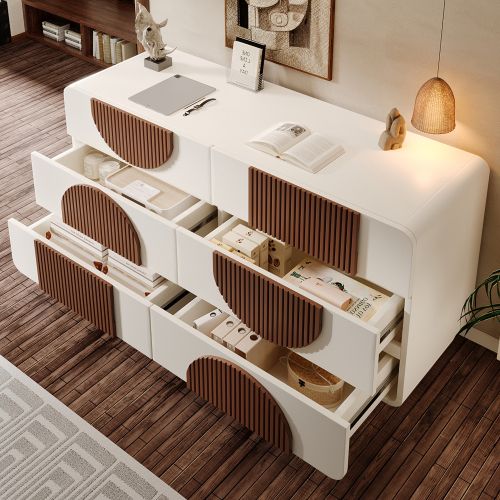 Commode à 6 Tiroirs Coulissants Silencieux, Au Design Incurvé, Lattes En Bois Couleur Chocolat