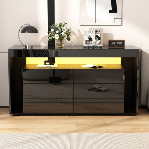 Buffet Moderne Noir Avec 6 Grands Tiroirs, Surface En Verre Trempé Et Éclairage LED Intégré