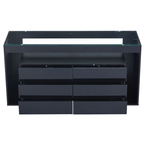 Buffet Moderne Noir Avec 6 Grands Tiroirs, Surface En Verre Trempé Et Éclairage LED Intégré