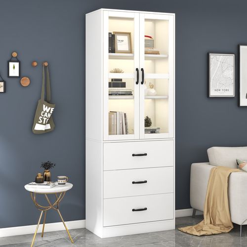 Vitrine Blanche 200 cm, 3 Tiroirs, 2 Portes en Verre, Séparateurs Réglables, Éclairage LED