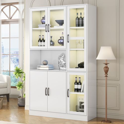 Vitrine 120×40×200 cm Blanche avec Étagères et Portes, Meuble de Rangement LED Multifonction