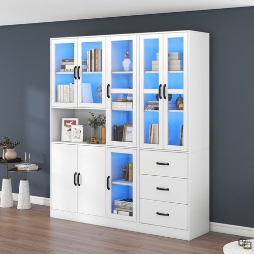 Vitrine Moderne Blanche 200x180 cm, 8 Portes, 3 Tiroirs, Avec Éclairage LED