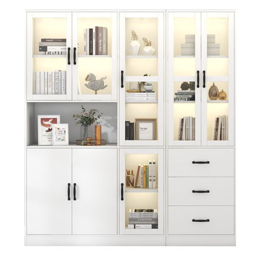 Vitrine Moderne Blanche 200x180 cm, 8 Portes, 3 Tiroirs, Avec Éclairage LED