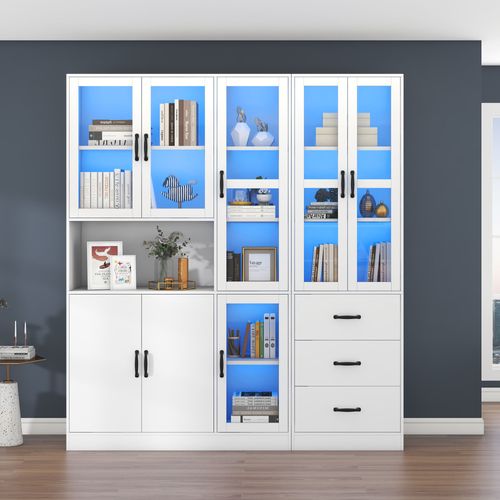 Vitrine Moderne Blanche 200x180 cm, 8 Portes, 3 Tiroirs, Avec Éclairage LED