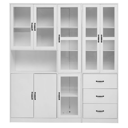 Vitrine Moderne Blanche 200x180 cm, 8 Portes, 3 Tiroirs, Avec Éclairage LED