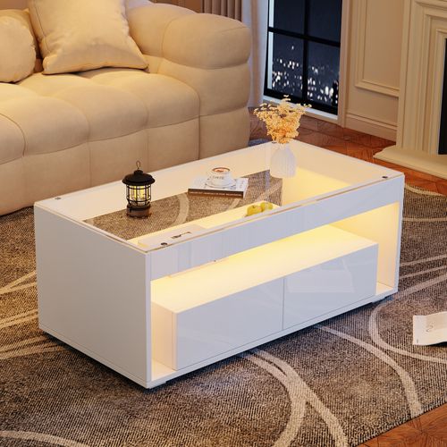 Table Basse LED Blanche 100x50x40 Cm Avec 2 Tiroirs De Rangement Et Plateau En Verre Trempé