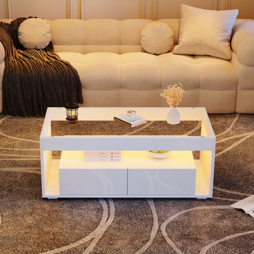 Table Basse LED Blanche 100x50x40 Cm Avec 2 Tiroirs De Rangement Et Plateau En Verre Trempé