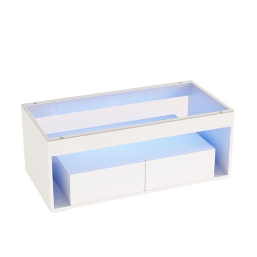 Table Basse LED Blanche 100x50x40 Cm Avec 2 Tiroirs De Rangement Et Plateau En Verre Trempé