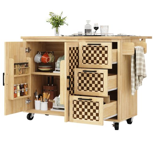Desserte Bois à Roulettes Pliable, Îlot De Cuisine, 3 Tiroirs Et 2 Portes, Rangements, Motif Damier
