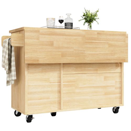 Desserte Bois à Roulettes Pliable, Îlot De Cuisine, 3 Tiroirs Et 2 Portes, Rangements, Motif Damier