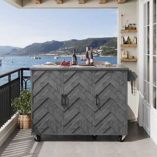 Desserte à Roulettes, Îlot De Cuisine Gris Pliable 118x75x92 Cm Avec 3 Portes Et Grand Rangement
