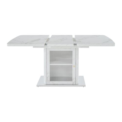 Table à Manger Extensible 120–160 Cm Avec Rangement, Plateau Effet Marbre Blanc Et Porte En Verre