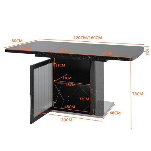 Table à Manger Extensible 120–160 Cm Noir Effet Marbre Avec Rangement Et Porte, Étagères Réglables