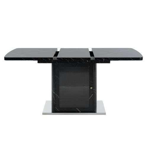 Table à Manger Extensible 120–160 Cm Noir Effet Marbre Avec Rangement Et Porte, Étagères Réglables