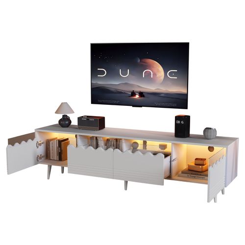 Meuble TV Blanc 176 Cm LED Avec Grand Rangement, 2 Tiroirs, 2 Portes Et Verre Trempé
