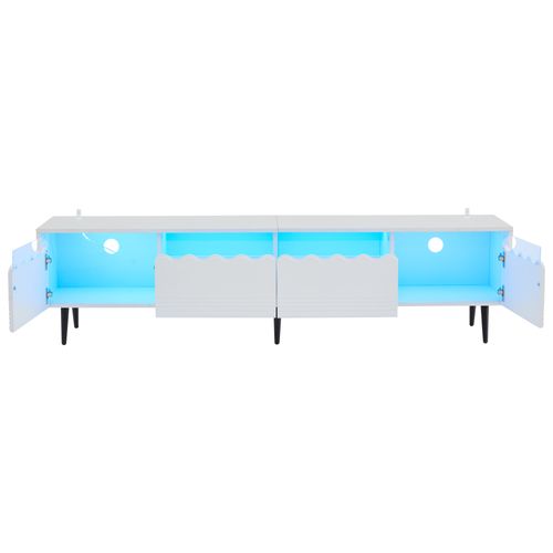 Meuble TV Blanc 176 Cm LED Avec Grand Rangement, 2 Tiroirs, 2 Portes Et Verre Trempé