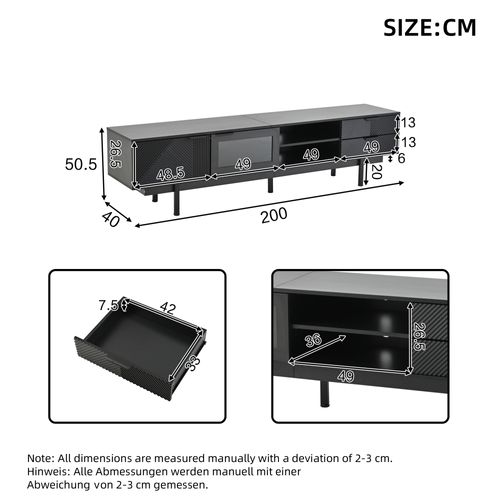 Meuble TV Noir 200cm Avec 2 Portes, 2 Tiroirs Et Rangement Semi-ouvert, Verre Trempé, Pour TV 80''