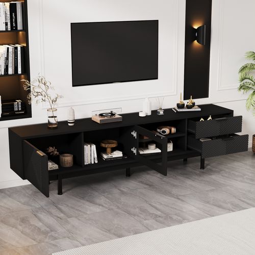 Meuble TV Noir 200cm Avec 2 Portes, 2 Tiroirs Et Rangement Semi-ouvert, Verre Trempé, Pour TV 80''