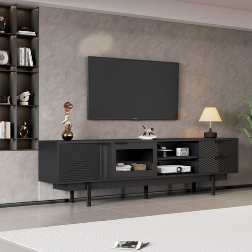 Meuble TV Noir 200cm Avec 2 Portes, 2 Tiroirs Et Rangement Semi-ouvert, Verre Trempé, Pour TV 80''
