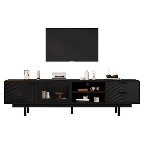 Meuble TV Noir 200cm Avec 2 Portes, 2 Tiroirs Et Rangement Semi-ouvert, Verre Trempé, Pour TV 80''