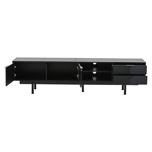 Meuble TV Noir 200cm Avec 2 Portes, 2 Tiroirs Et Rangement Semi-ouvert, Verre Trempé, Pour TV 80''