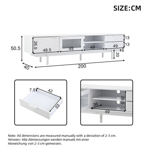 Meuble TV Blanc L.200cm 2 Portes, 2 Tiroirs, 2 Étagères Semi-ouvertes, Verre Trempé Pour TV 80''