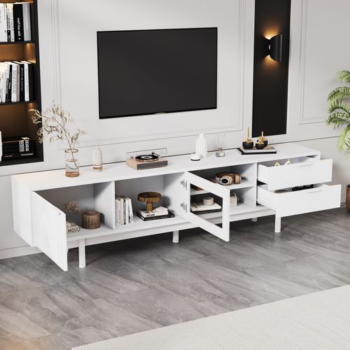 Meuble TV Blanc L.200cm 2 Portes, 2 Tiroirs, 2 Étagères Semi-ouvertes, Verre Trempé Pour TV 80''