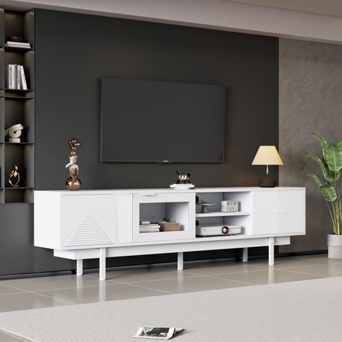 Meuble TV Blanc L.200cm 2 Portes, 2 Tiroirs, 2 Étagères Semi-ouvertes, Verre Trempé Pour TV 80''