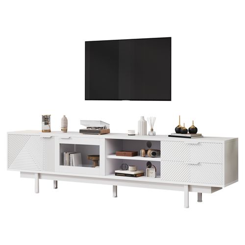 Meuble TV Blanc L.200cm 2 Portes, 2 Tiroirs, 2 Étagères Semi-ouvertes, Verre Trempé Pour TV 80''