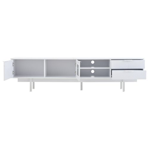 Meuble TV Blanc L.200cm 2 Portes, 2 Tiroirs, 2 Étagères Semi-ouvertes, Verre Trempé Pour TV 80''