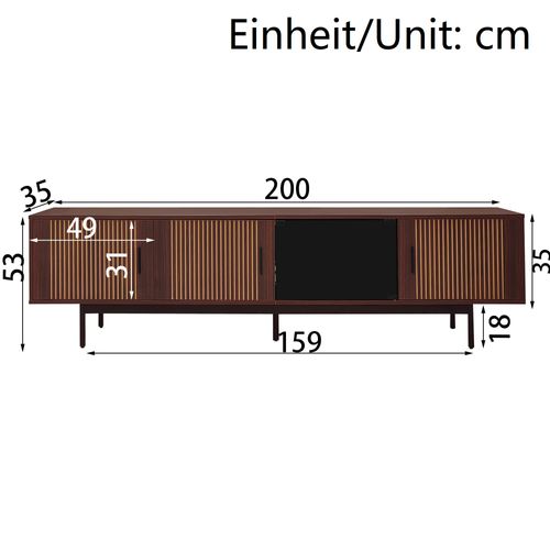Meuble TV 200 Cm Bois Foncé Et Noir Avec LED, 4 Portes, Design Moderne En Métal Et Verre