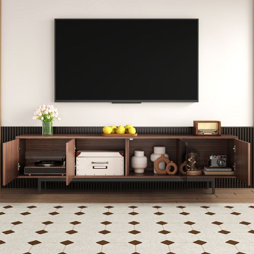 Meuble TV 200 Cm Bois Foncé Et Noir Avec LED, 4 Portes, Design Moderne En Métal Et Verre