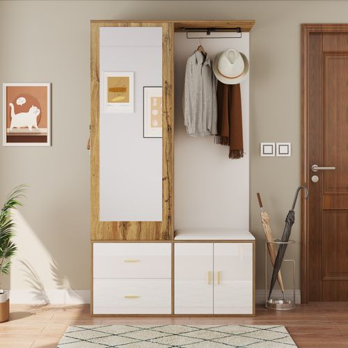Vestiaire Blanc Et Bois, Meuble D’entrée, Miroir, Banc à Chaussures, 2 Tiroirs Et 2 Portes, Tringle