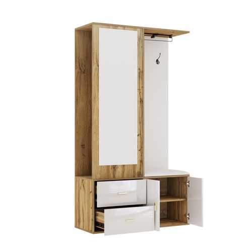 Vestiaire Blanc Et Bois, Meuble D’entrée, Miroir, Banc à Chaussures, 2 Tiroirs Et 2 Portes, Tringle