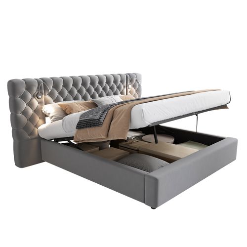 Lit Coffre Hydraulique 160x200 Cm, Lit 2 Place, Avec Éclairage Et Rangements, Velours, Gris