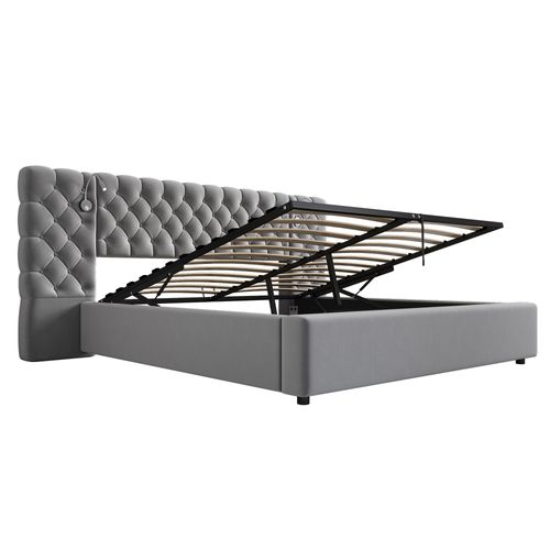 Lit Coffre Hydraulique 160x200 Cm, Lit 2 Place, Avec Éclairage Et Rangements, Velours, Gris