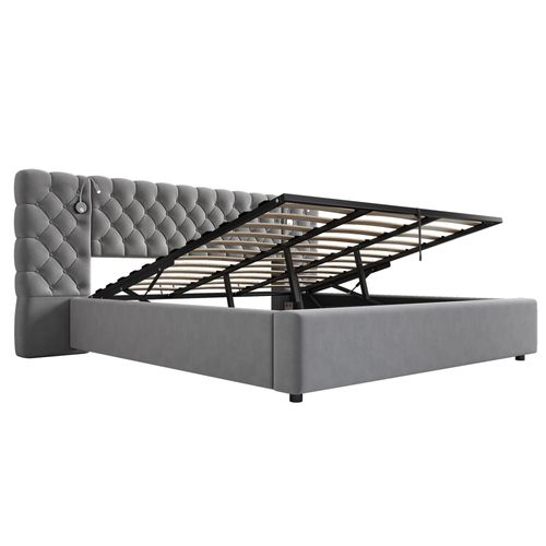 Lit Coffre Hydraulique 180x200 Cm, Lit 2 Place, Avec Éclairage Et Rangements, Velours, Gris