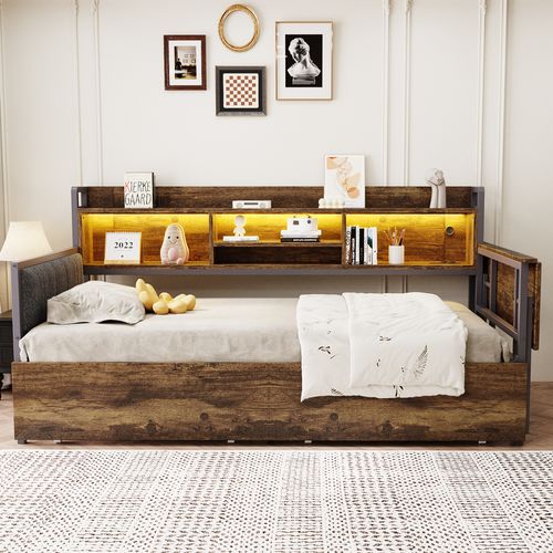 Lit Simple 90x200cm, LED, Espace De Rangement, 2 tiroirs, Bureau Pliant, Couleur Bois