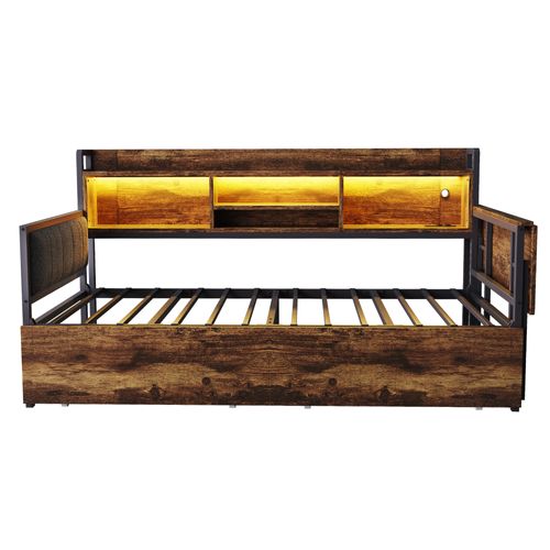 Lit Simple 90x200cm, LED, Espace De Rangement, 2 tiroirs, Bureau Pliant, Couleur Bois