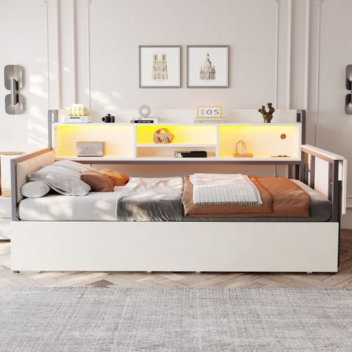 Lit Simple 90x200cm, LED, Espace De Rangement, 2 tiroirs, Bureau Pliant,  Blanc