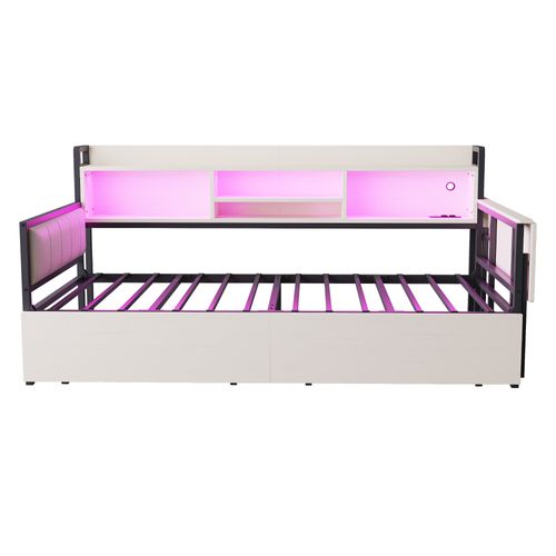 Lit Simple 90x200cm, LED, Espace De Rangement, 2 tiroirs, Bureau Pliant,  Blanc