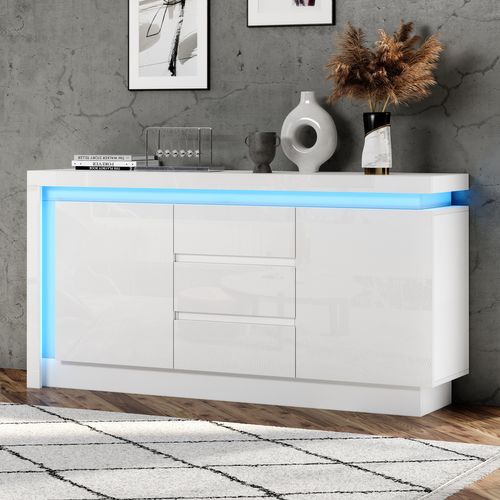 Buffet Blanc 140 Cm Avec LED, 2 Portes Et 3 Tiroirs, Grand Rangement, Design Moderne Brillant