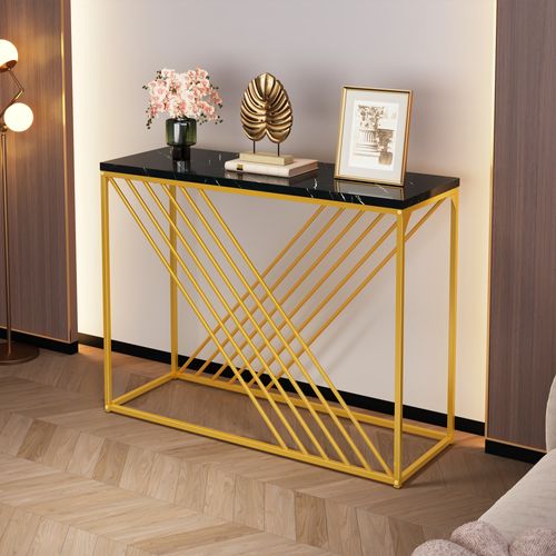 Console Noire Effet Marbre 100 Cm Avec Cadre Doré En Métal, Design Rétro Luxueux