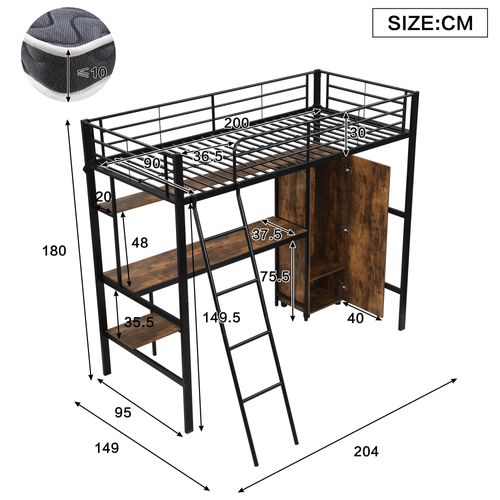 Lit Mezzanine 90x200 Cm Métal Noir Sécurisé Avec Bureau Et Rangement Intégré Pour Enfants Et Ados
