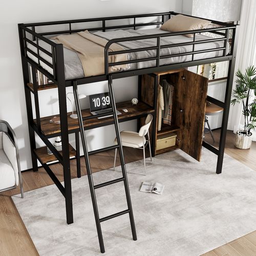 Lit Mezzanine 90x200 Cm Métal Noir Sécurisé Avec Bureau Et Rangement Intégré Pour Enfants Et Ados