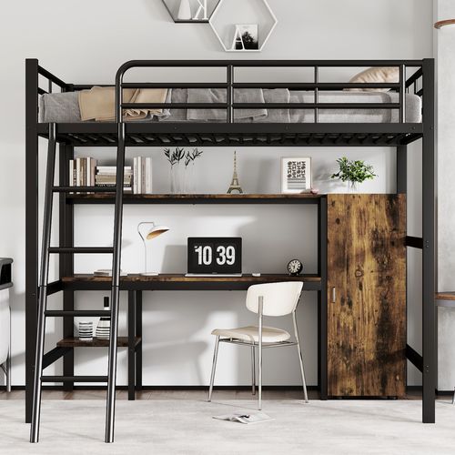 Lit Mezzanine 90x200 Cm Métal Noir Sécurisé Avec Bureau Et Rangement Intégré Pour Enfants Et Ados