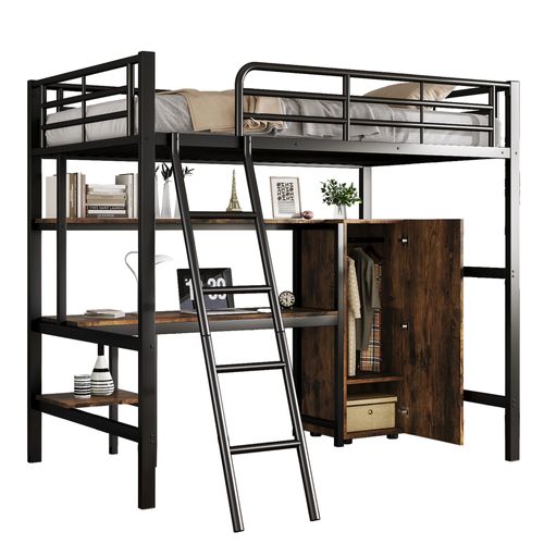 Lit Mezzanine 90x200 Cm Métal Noir Sécurisé Avec Bureau Et Rangement Intégré Pour Enfants Et Ados
